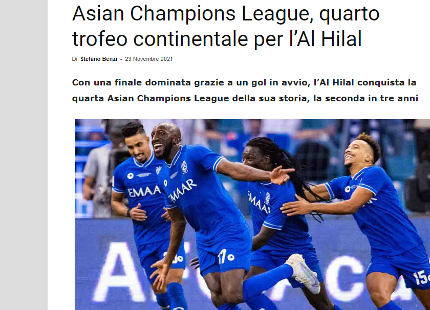 صحيفة "calciotoday" الإيطالية تعتبر أن الهلال يحكم آسيا في كرة القدم