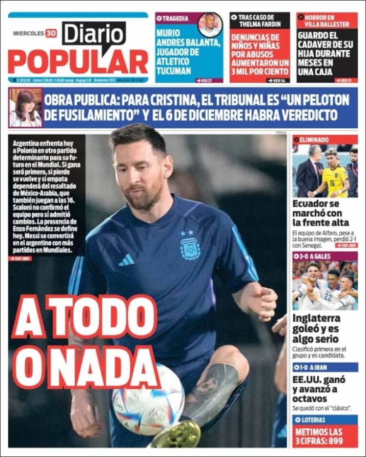 الصفحة الرئيسية لصحيفة بوبيلار الأرجنتينية
