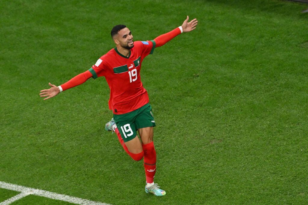 El marroquí Youssef Al-Nusairi, jugador del club sevillano, el momento en el que celebró hoy su gol (Getty)