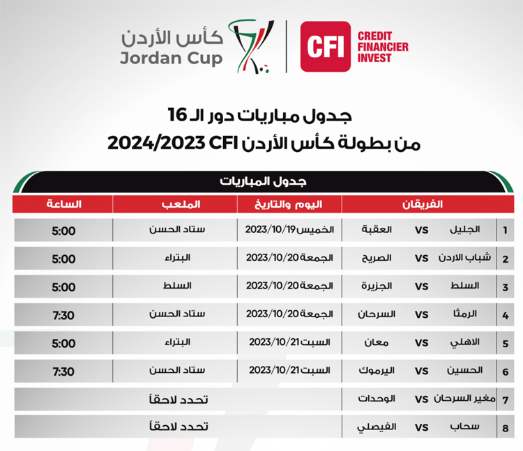 Jordan Cup جدول مباريات دوةر الـ 16 من بطولة كأس الأردن