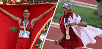من تتويج القطري معتز برشم (يمين) والمغربي سفيان البقالي (يسار) بالميدالية الذهبية في بطولة العالم لألعاب القوى 2022 (Getty)