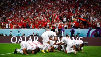 فرحة المنتخب المغربي بالفوز على المنتخب البلجيكي 